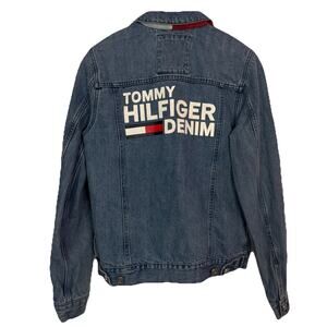 Tommy Hilfiger Denim Jean Jacket Large Back Spell Out Pop Collar Xs Outerwear